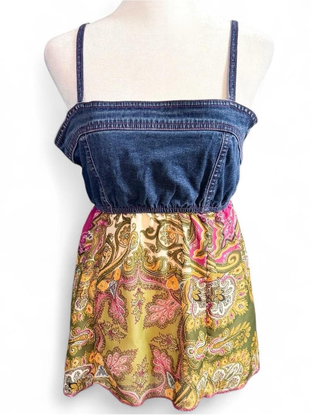 Vintage Y2K Zoey Beth Denim Paisley Babydoll Tank Top Large
